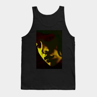 Beautiful girl face in dark lighting. Yellow green light, red tones. Dark and beautiful. Tank Top